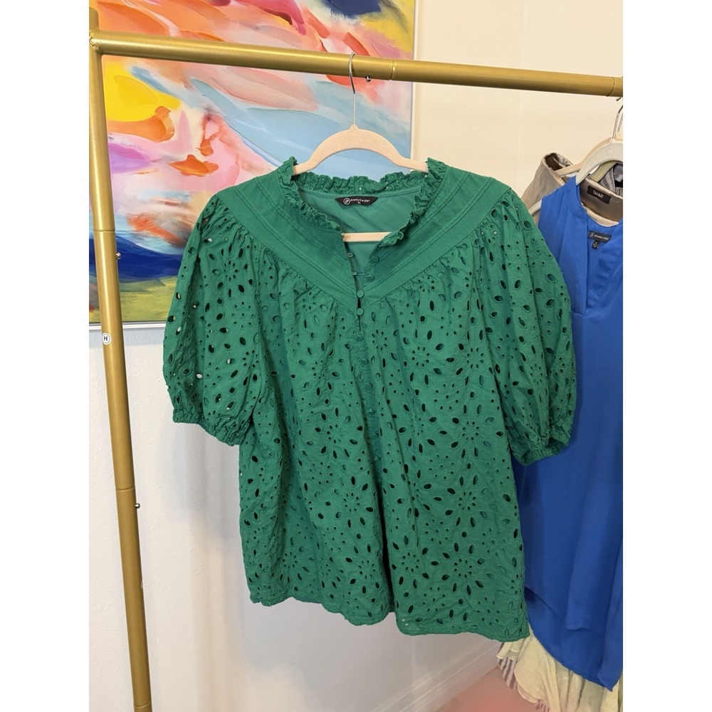 Pretty Garden Green Eyelet Ruffle Neck Puff Short Sleeve Button Blouse Top Sz XL
